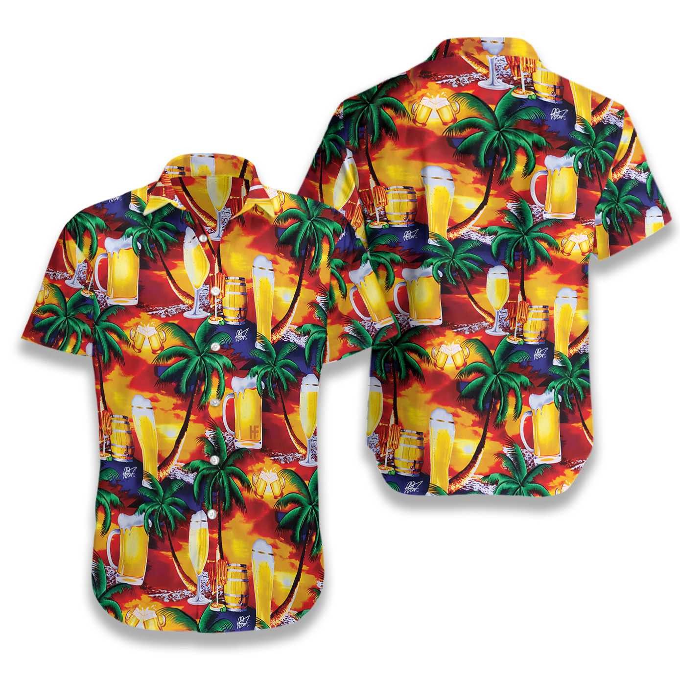 Beer Hawaii Shirt Tropical Sunset Beer Cups Pattern Yellow Red Trendy Hawaiian Shirt Beer Aloha Shirt
