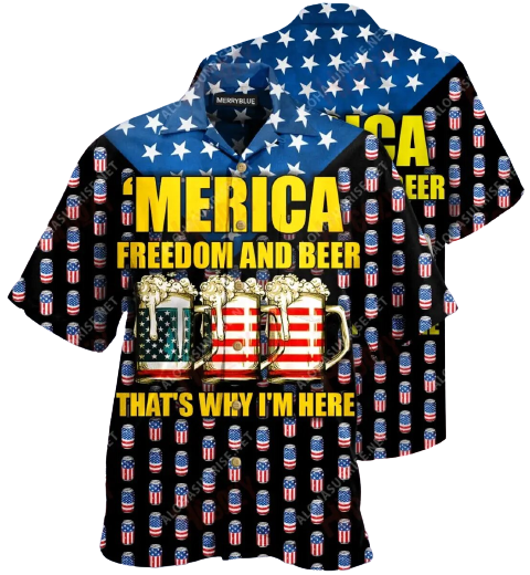 Beer Hawaiian Shirt American Flag Beer Cups Merica Freedom And Beer That’s Why I’M Here Black Hawaii Aloha Shirt