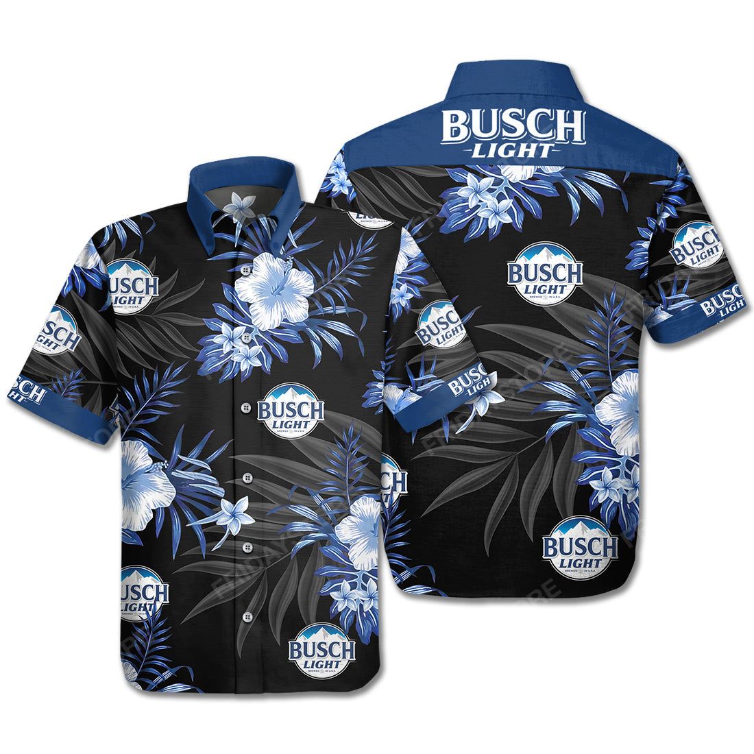 Beer Hawaiian Shirt Busch Light Logo Hibiscus Flower Pattern Blue Black Hawaii Aloha Shirt