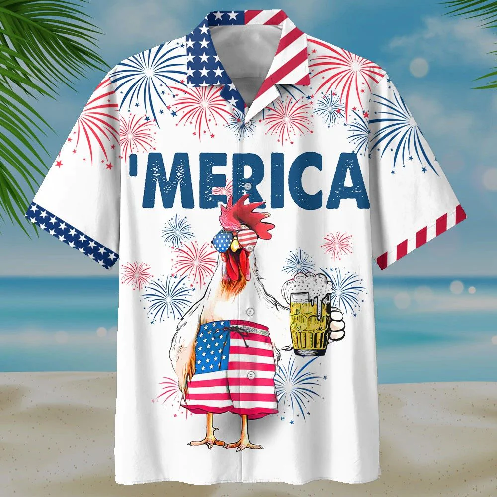 Beer Hawaiian Shirt Glasses Chicken Drinks Beer Merica Fireworks White Hawaii Shirt Beer Aloha Shirt