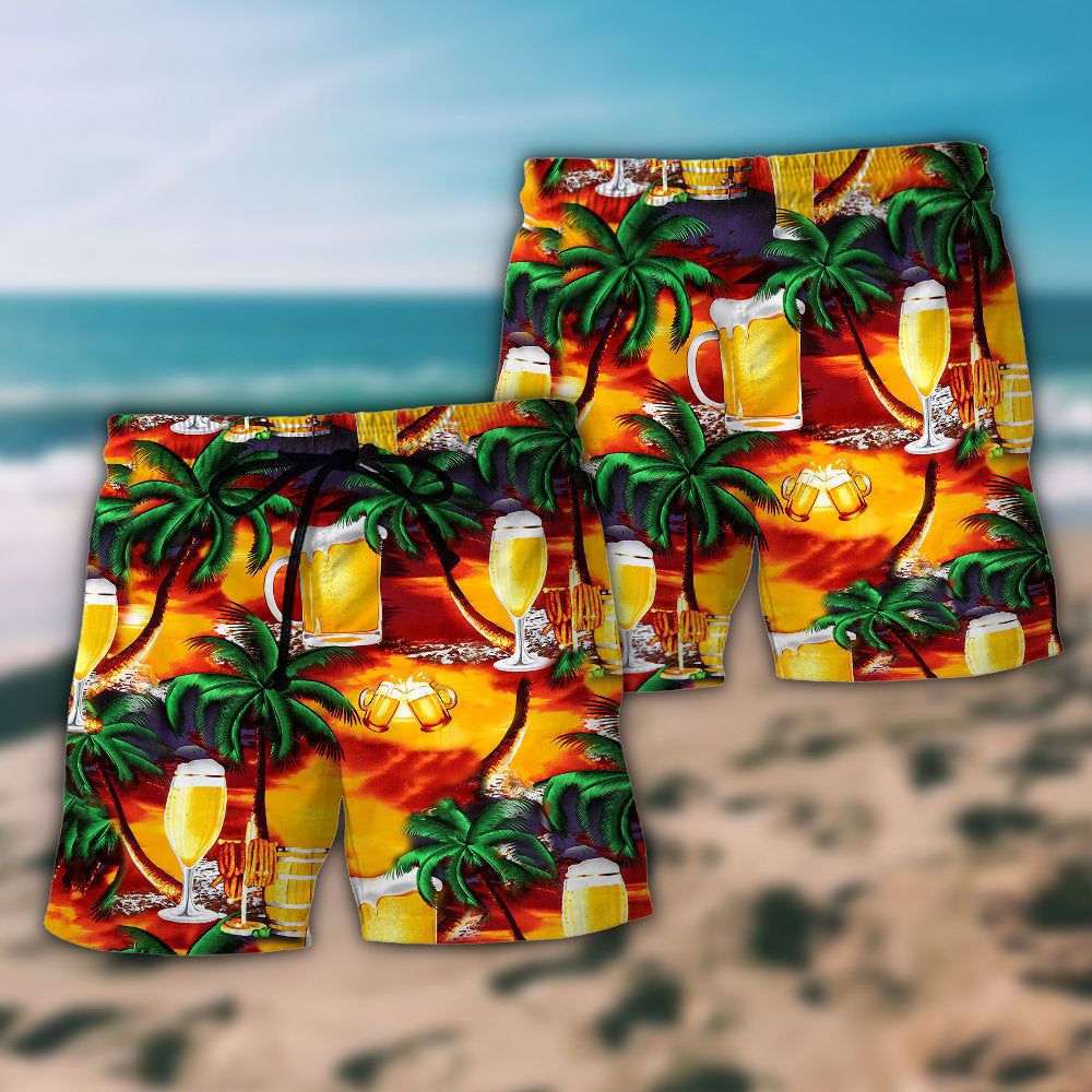 Beer In Paradise Tropical Trendy Aloha Hawaiian Beach Shorts