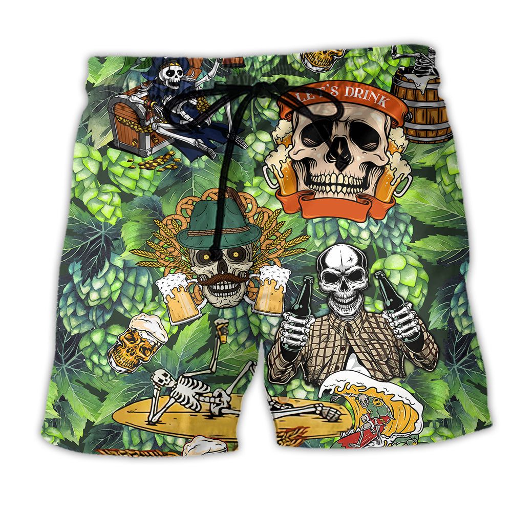 Beer It’s Beer Time Skull Leaf Trendy Aloha Hawaiian Beach Shorts