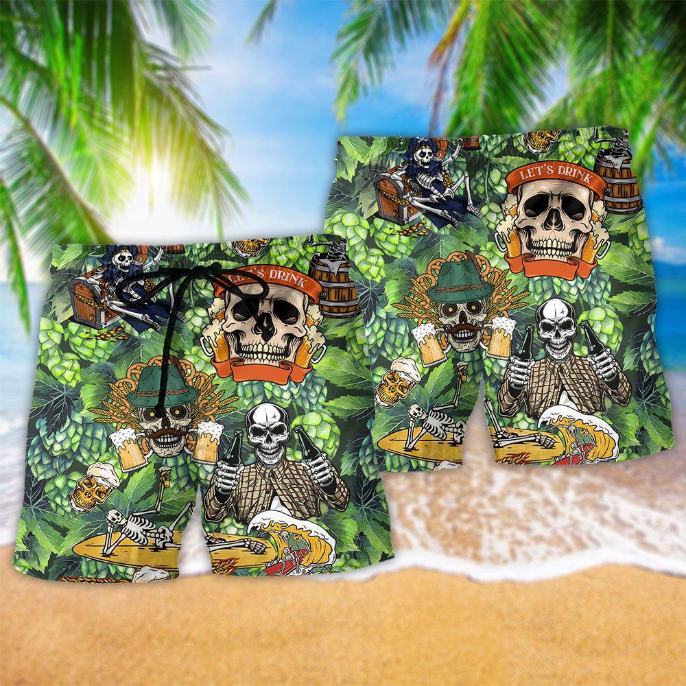 Beer It’s Beer Time Skull Leaf Trendy Aloha Hawaiian Beach Shorts