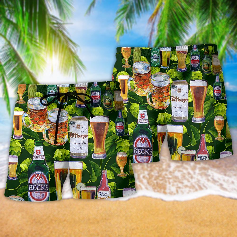 Beer Love It Green Leaves Trendy Aloha Hawaiian Beach Shorts