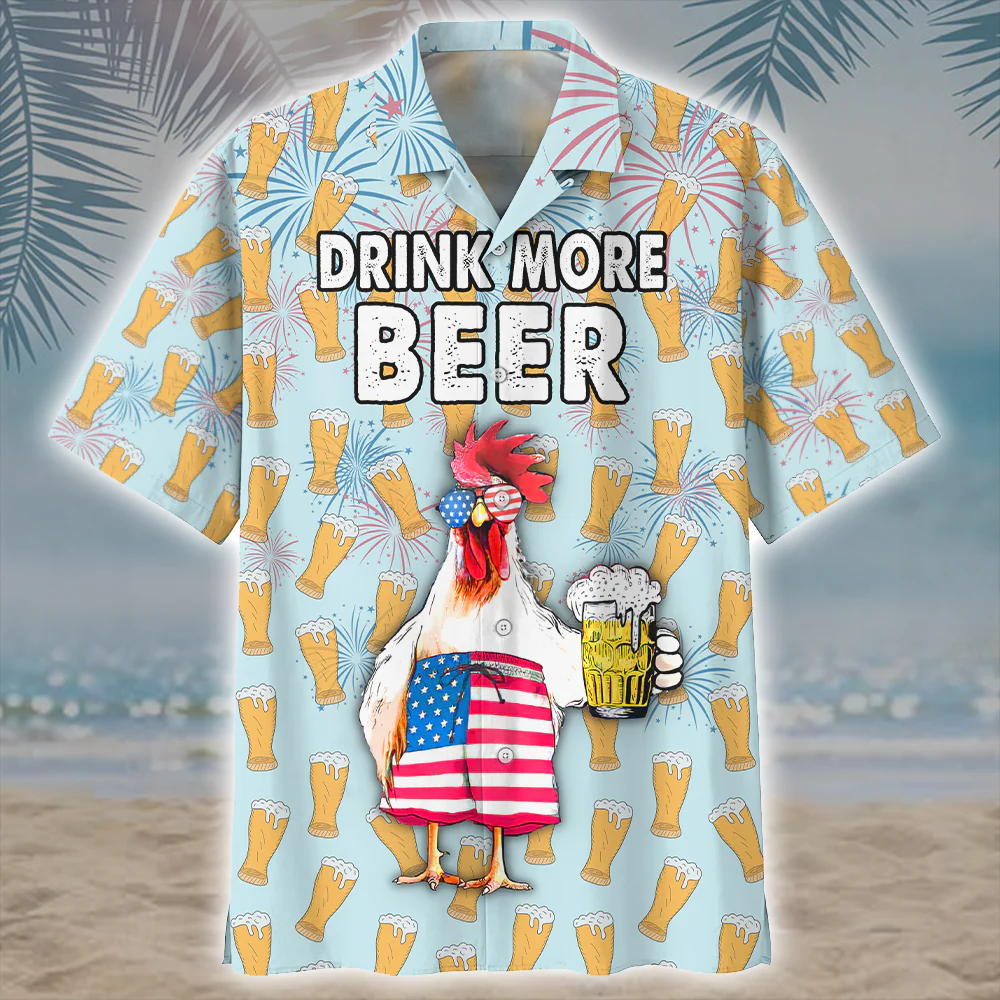 Beer Loving Chickens on Hawaiian Tropical Beach Shirt