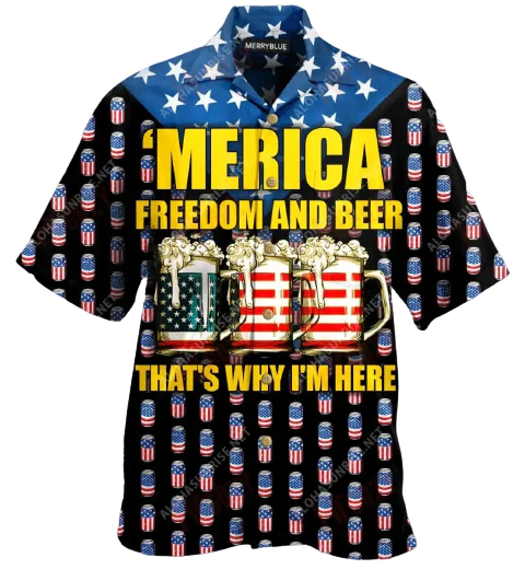 Beer Trendy Hawaiian Shirt American Flag Beer Cups Merica Freedom And Beer That’s Why I’m Here Black Hawaii Shirt Beer Aloha Shirt