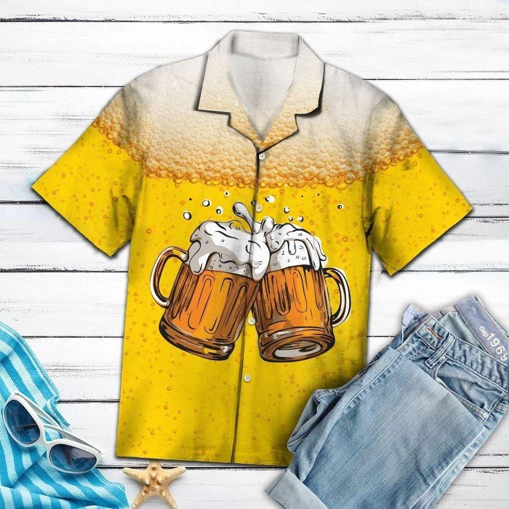 Beer Trendy Hawaiian Shirt Beer Cups Cheer Beer Bubble Yellow Hawaii Shirt Beer Aloha Shirt
