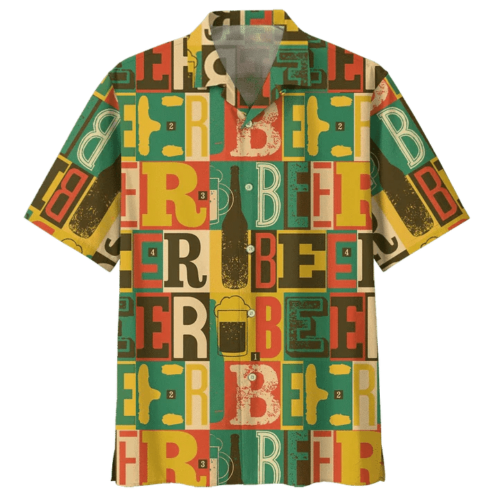 Beer Trendy Hawaiian Shirt Beer Words Vintage Yellow Green Aloha Shirt Beer Hawaii Shirt