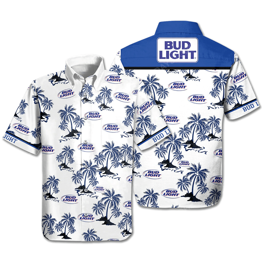 Beer Trendy Hawaiian Shirt Bud Light Beer Palm Trees White Blue Hawaii Aloha Shirt Beer Hawaii Shirt