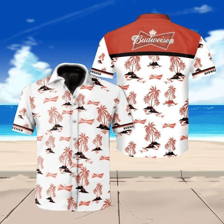 Beer Trendy Hawaiian Shirt Budweiser Logo Tropical Palm Trees Pattern Red White Hawaii Aloha Shirt