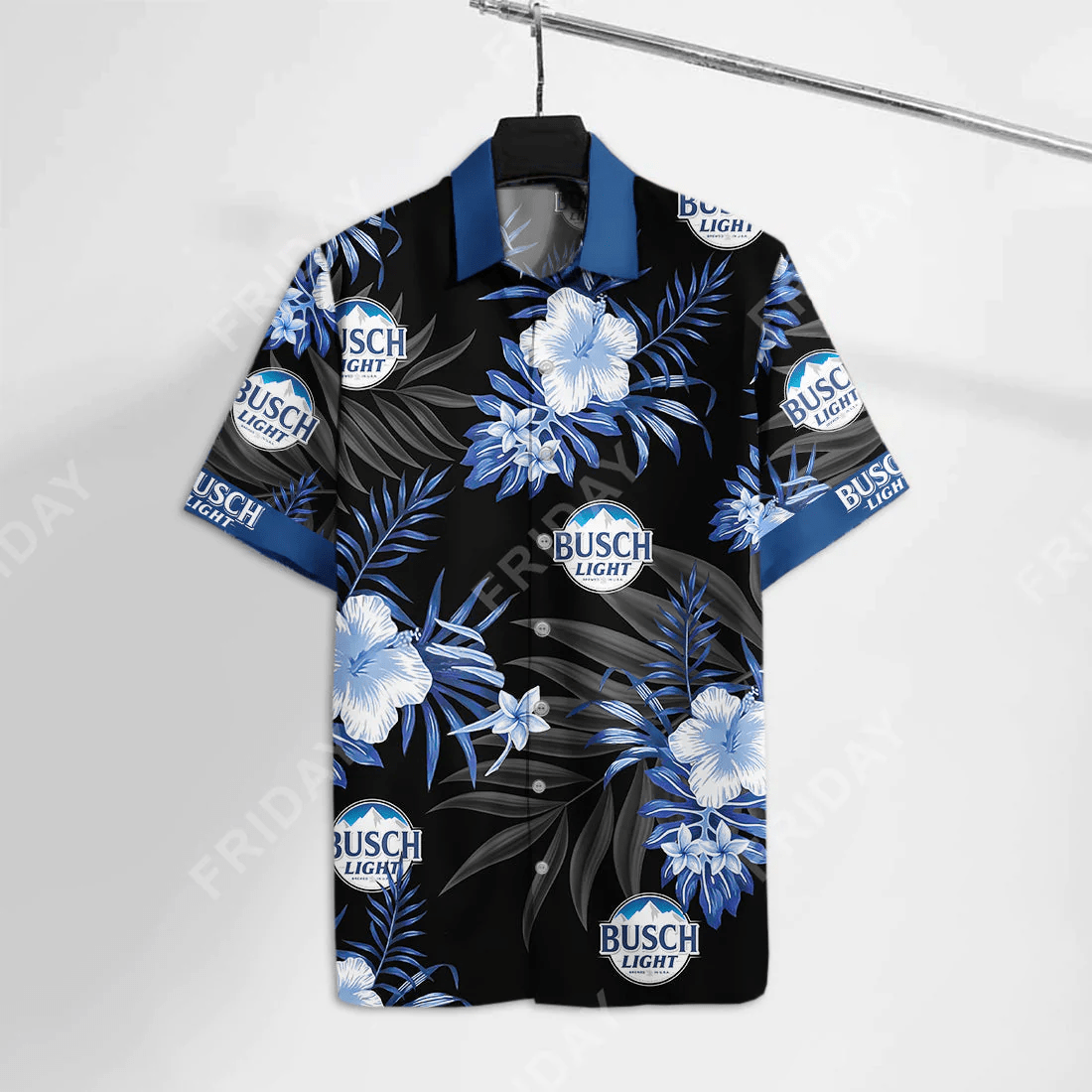 Beer Trendy Hawaiian Shirt Busch Light Logo Hibiscus Flower Pattern Blue Black Hawaii Aloha Shirt