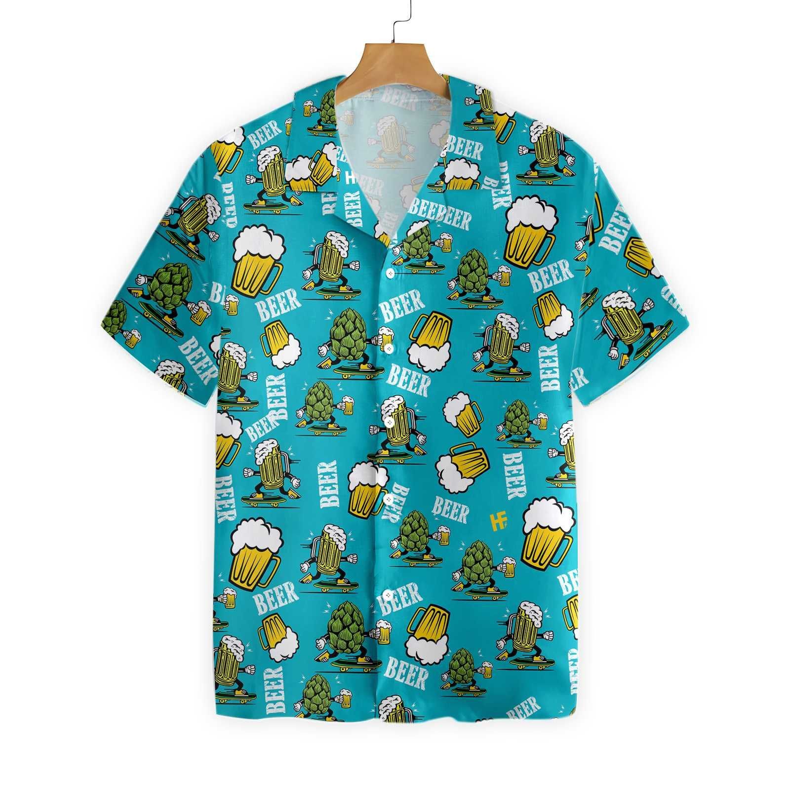 Beer Trendy Hawaiian Shirt Hops And Beer Cups Blue Aloha Shirt Beer Hawaii Shirt