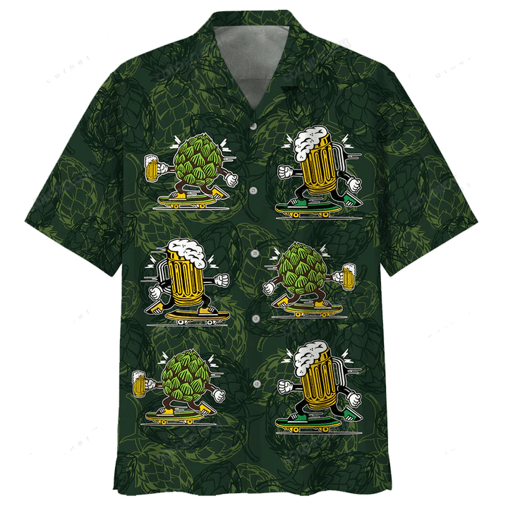 Beer Trendy Hawaiian Shirt Hops And Beer Cups Dark Green Aloha Shirt Beer Hawaii Shirt