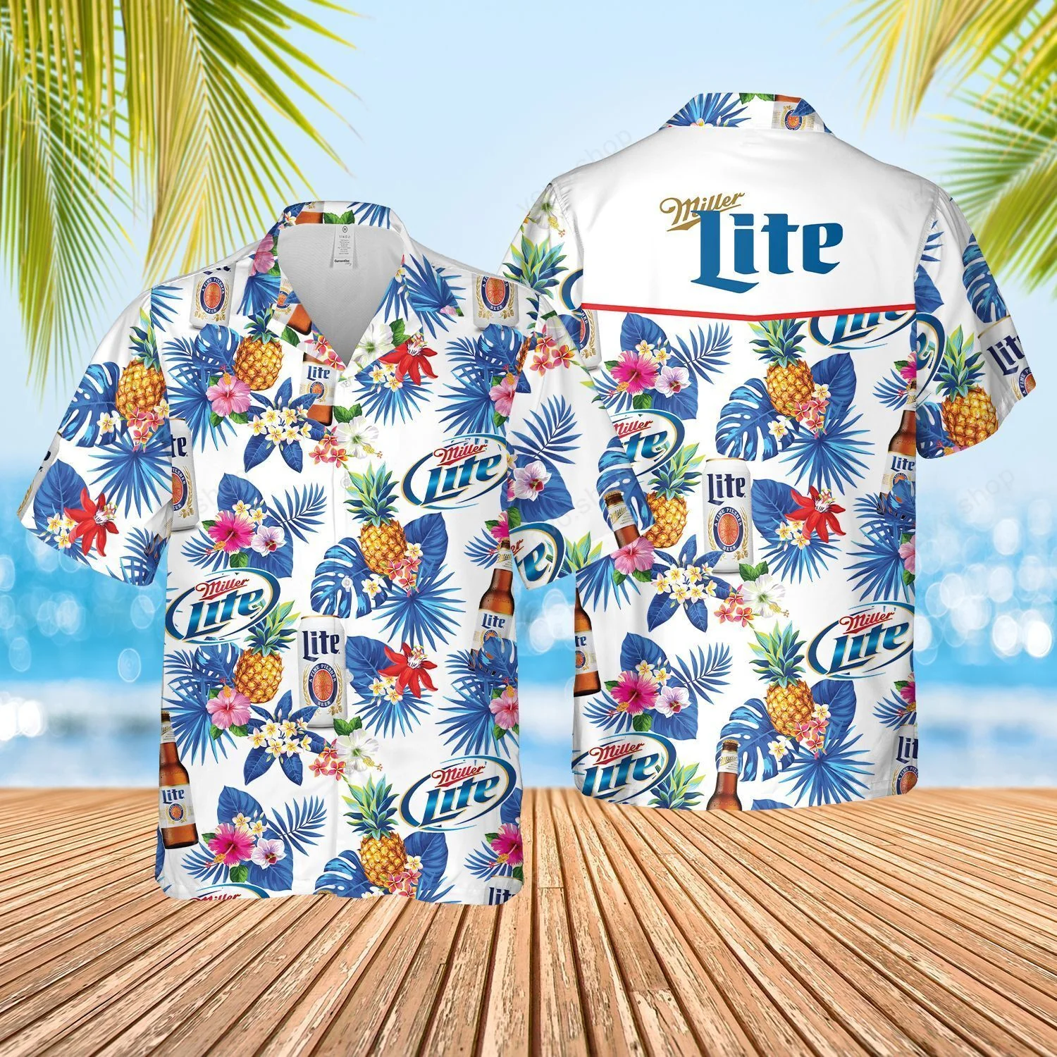 Beer Trendy Hawaiian Shirt Miller Lite Beer Palm Leaf Tropical White Hawaii Aloha Shirt Beer Hawaii Shirt