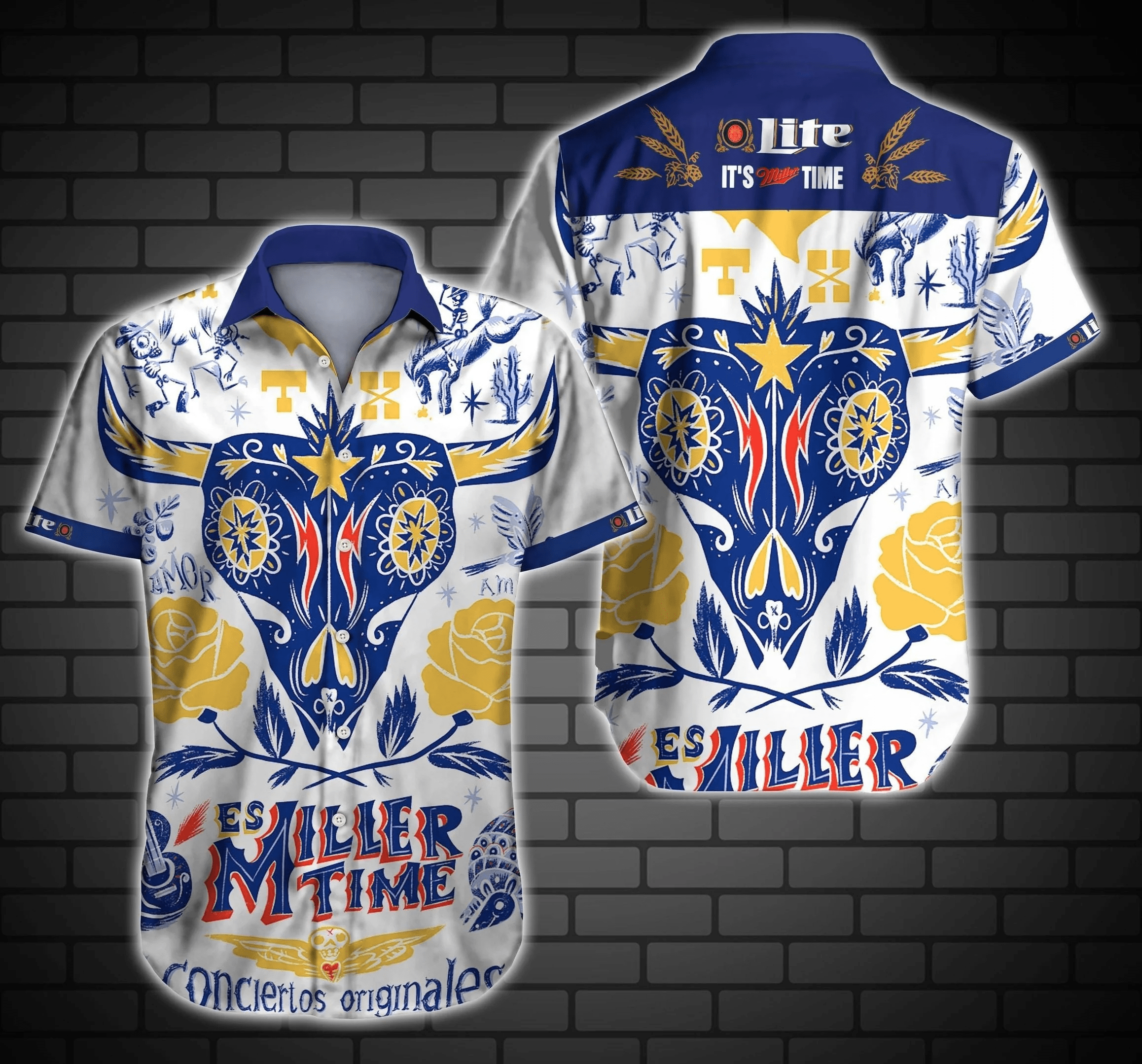 Beer Trendy Hawaiian Shirt Miller Lite It’s Time Skull Yellow Blue Hawaiian Aloha Shirt