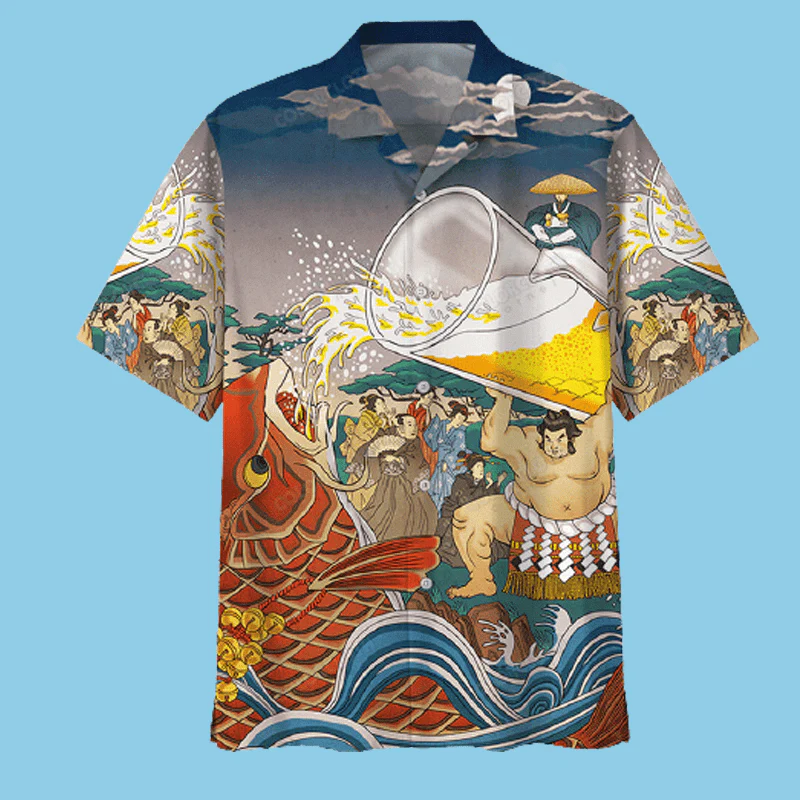 Beer Trendy Hawaiian Shirt Sumo Beer Drinking Japanese Style Aloha Shirt Beer Hawaii Shirt