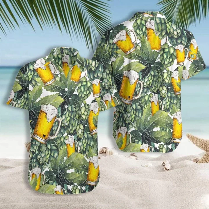 Beer With Hops Flowering Plants Pattern Trendy Hawaiian Shirt