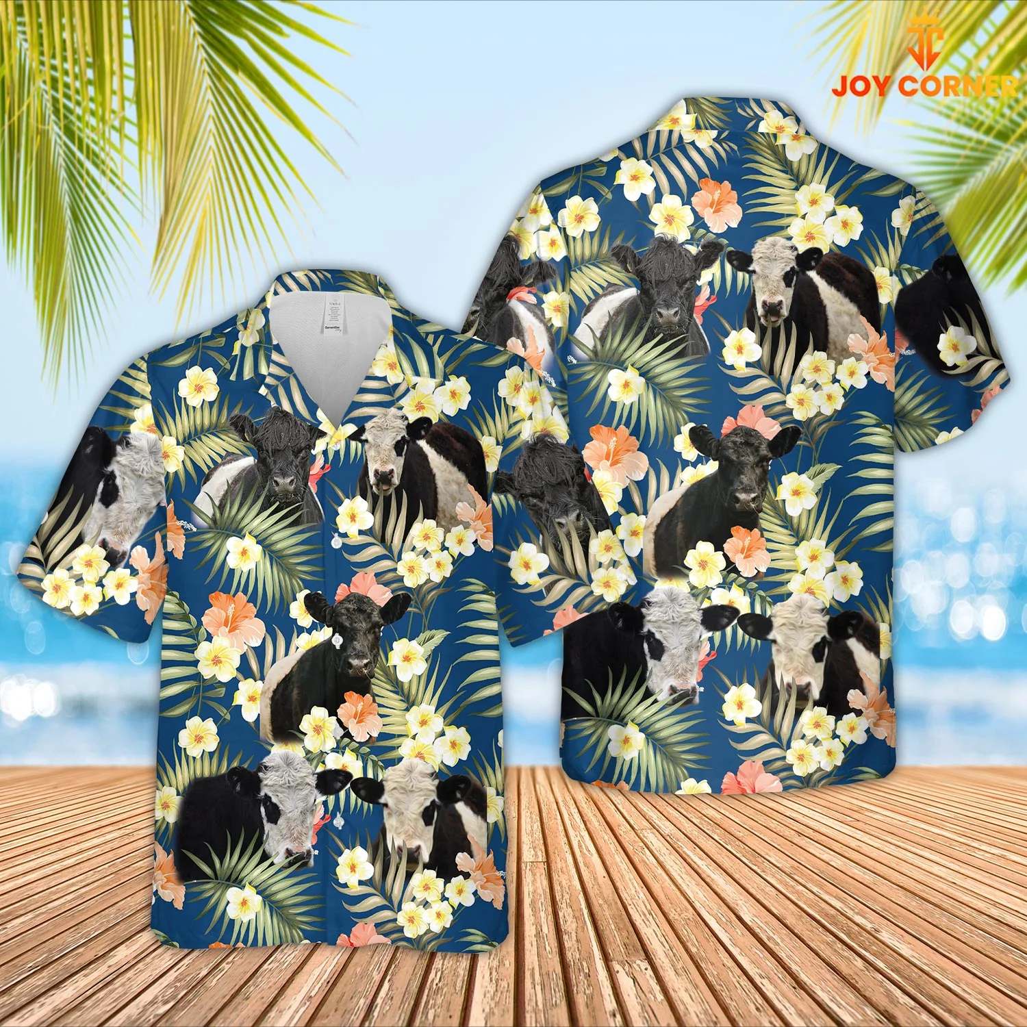 Belted Galloway Hawaiian Shirt Blue Florals Of Summertime Displayed In 3D Print