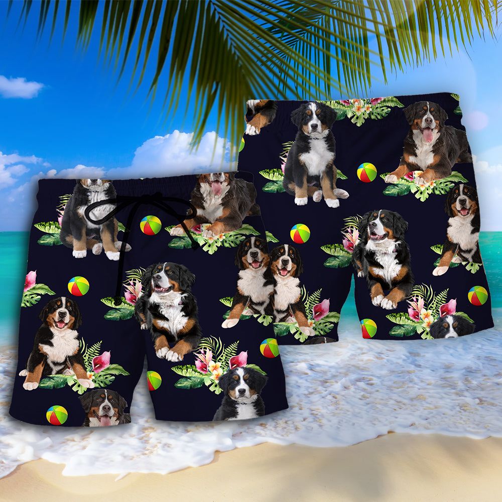 Bernese Mountain Dog Tropical Floral Trendy Aloha Hawaiian Beach Shorts