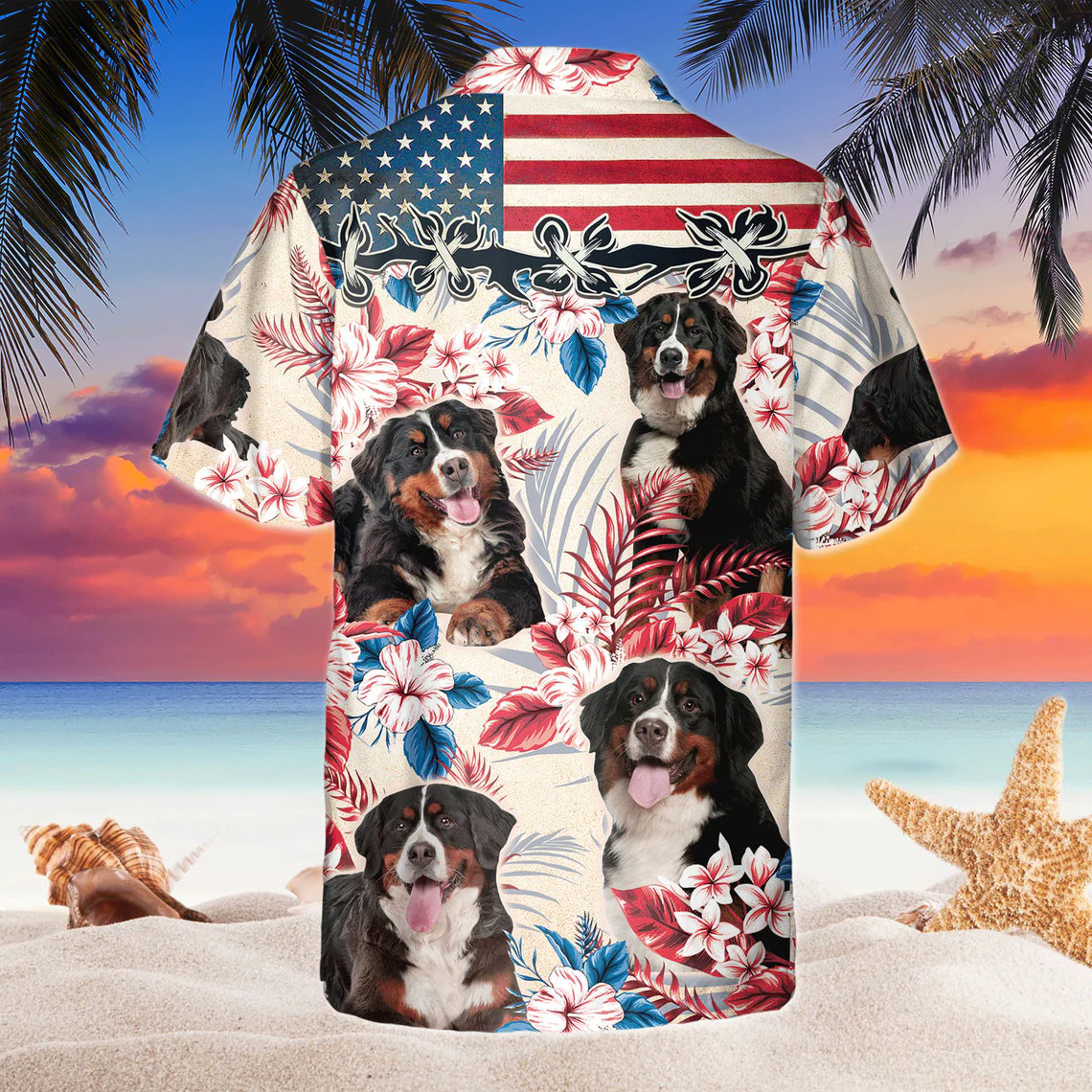 Bernese Mountain Dog United States Flag Hawaiian Flowers All Over Printed 3D Hawaiian Shirt