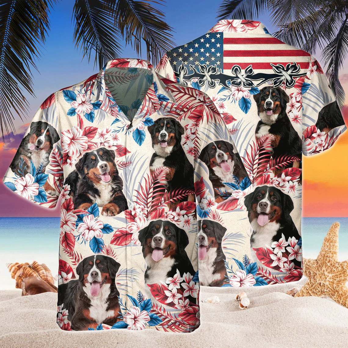Bernese Mountain Dog United States Flag Hawaiian Flowers All Over Printed 3D Hawaiian Shirt Bernese Mountain Dog United States Flag Hawaiian Flowers All Over Printed 3D Hawaiian Shirt