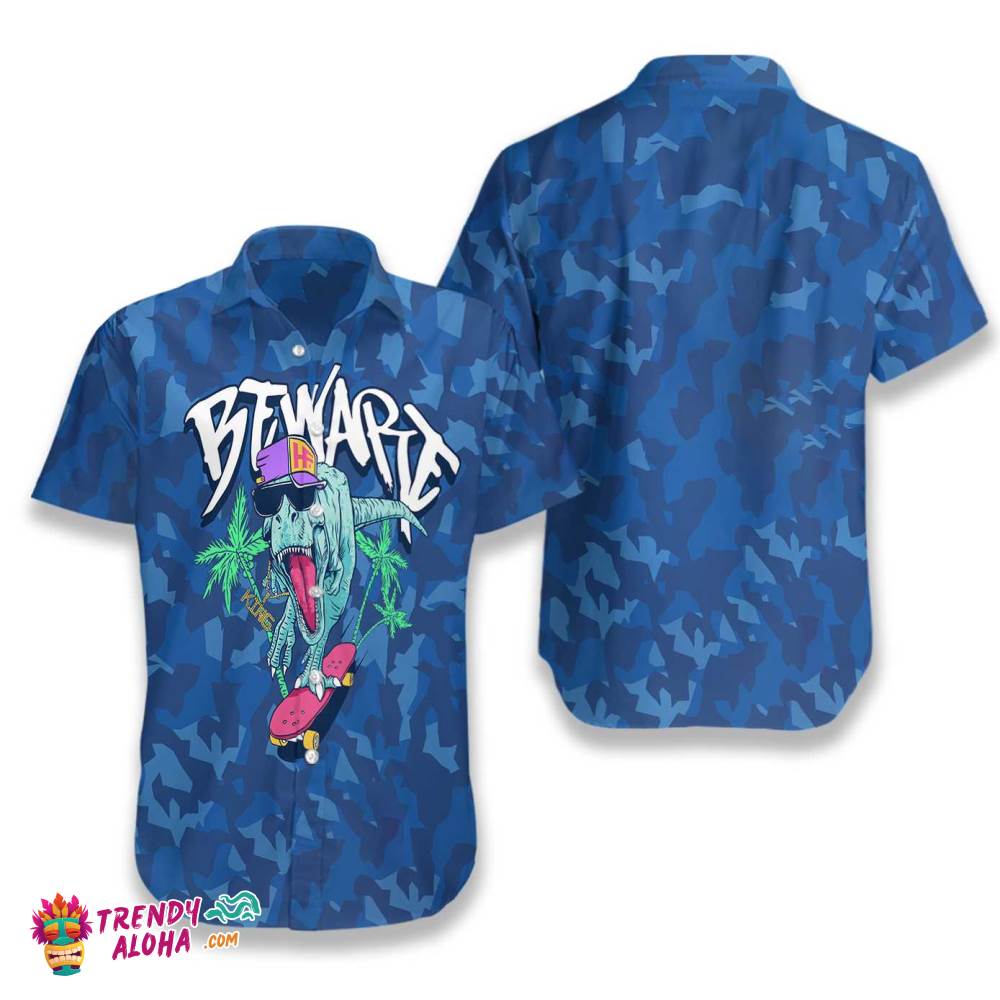 Beware T-Rex Skating Dinosaur Hawaiian Shirt