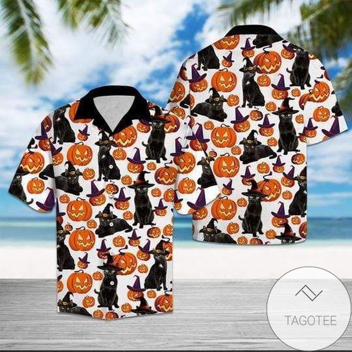 Bewitching Festivity Black Cat’s Halloween Pattern on Lush Shirt