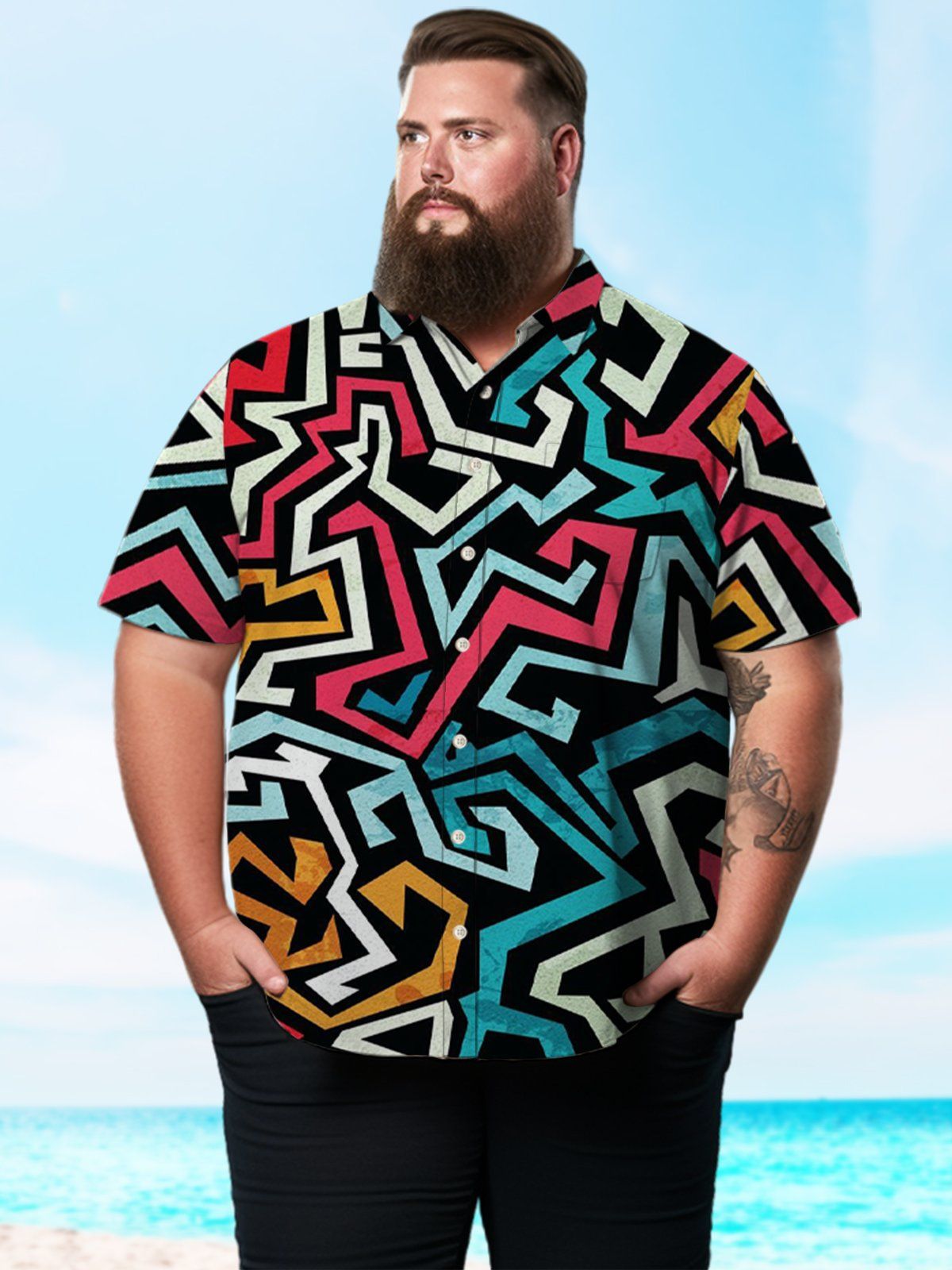 Big & Tall Art Contrasting Lines Hawaiian Shirt Big & Tall Art Contrasting Lines Hawaiian Shirt