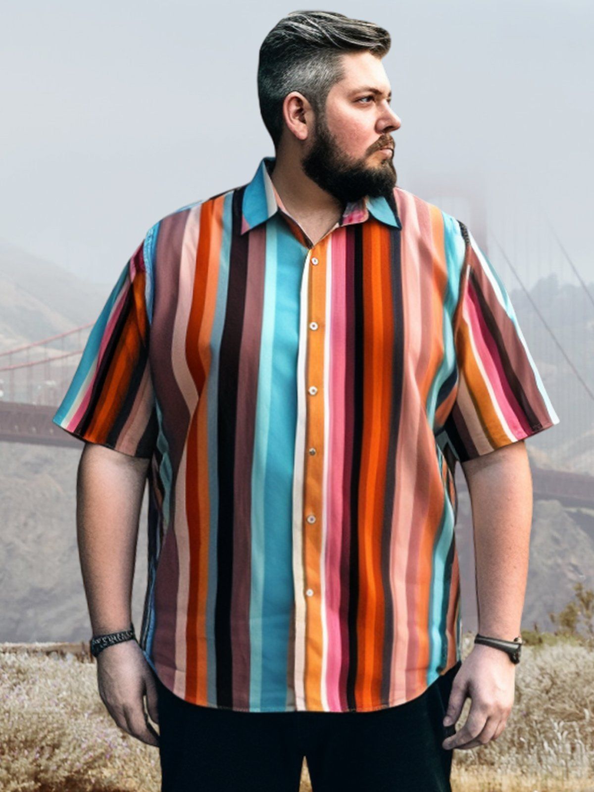 Big & Tall Casual Color Pinstripe Cotton-Linen Hawaiian Shirt Big & Tall Casual Color Pinstripe Cotton-Linen Hawaiian Shirt