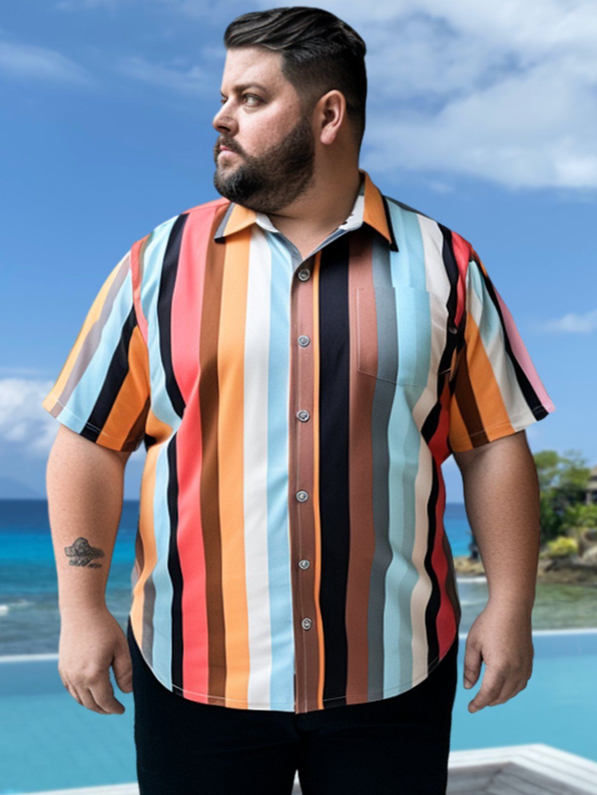 Big & Tall Casual Color Stripe Quick Drying Hawaiian Shirt Big & Tall Casual Color Stripe Quick Drying Hawaiian Shirt