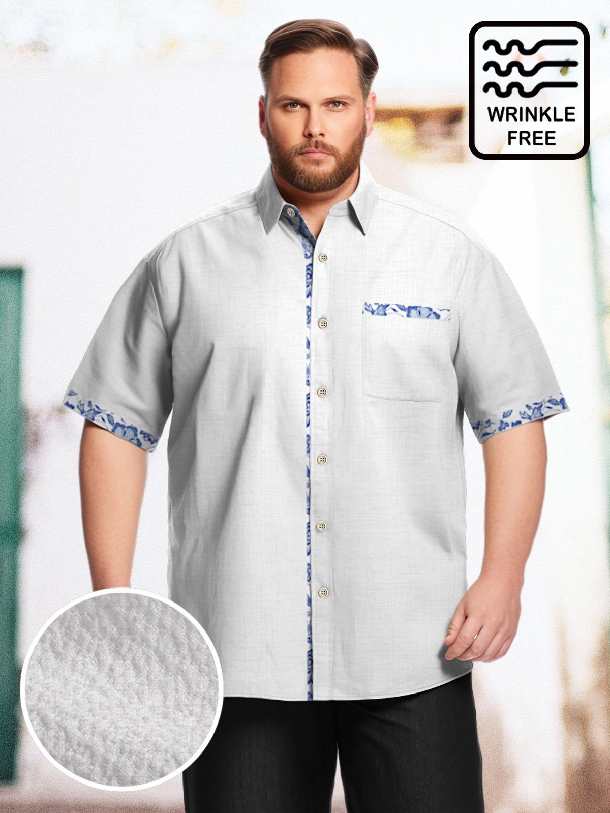 Big & Tall Casual Floral Decoration Free Seersucker Hawaiian Shirt Big & Tall Casual Floral Decoration Free Seersucker Hawaiian Shirt