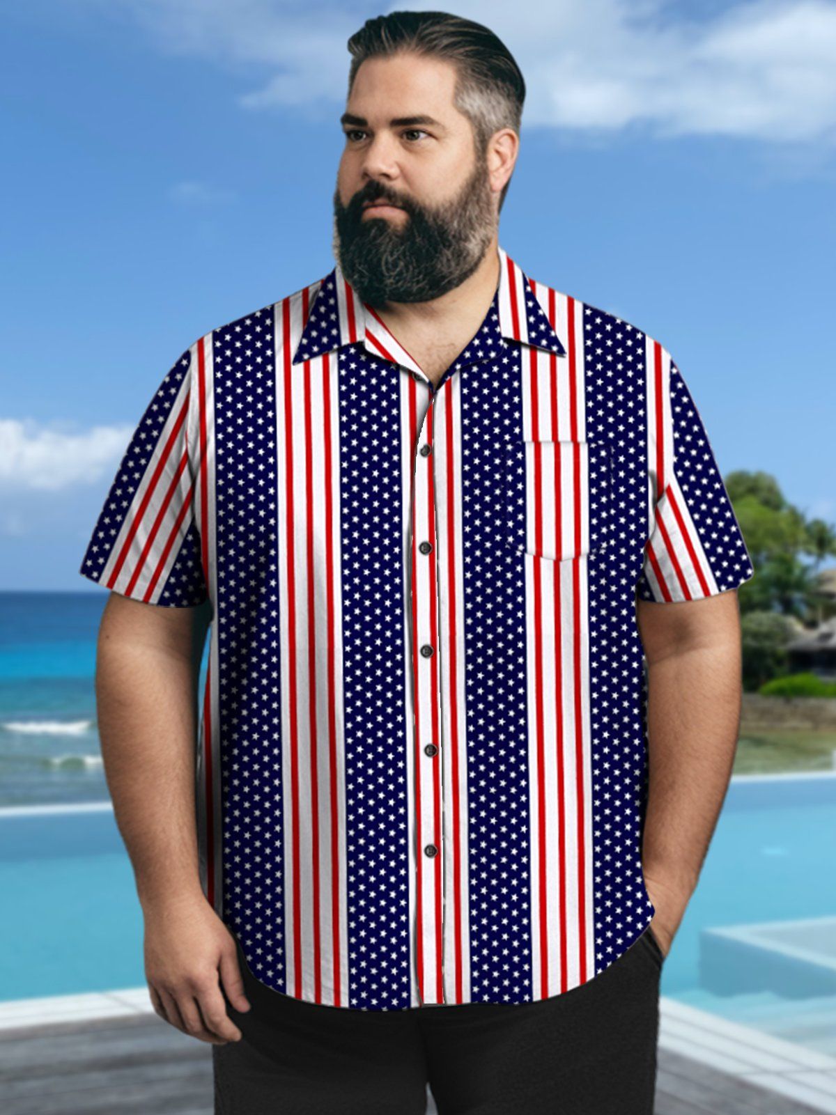 Big & Tall Casual Fringe Patriot American Flag Quick Drying Hawaiian Shirt Big & Tall Casual Fringe Patriot American Flag Quick Drying Hawaiian Shirt