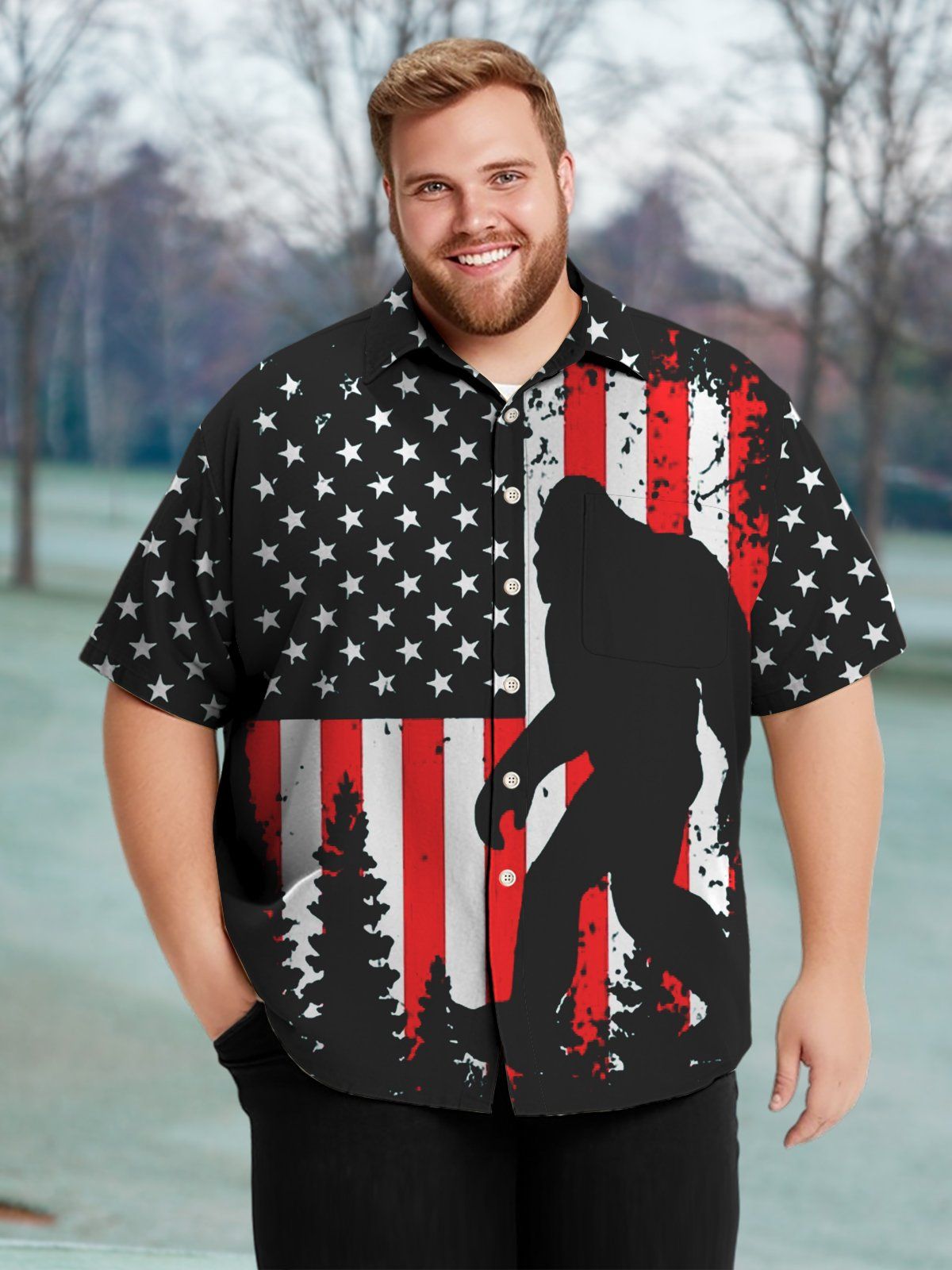 Big & Tall Casual Holiday Flag Bigfoot Silhouette Prints Hawaiian Shirt Big & Tall Casual Holiday Flag Bigfoot Silhouette Prints Hawaiian Shirt