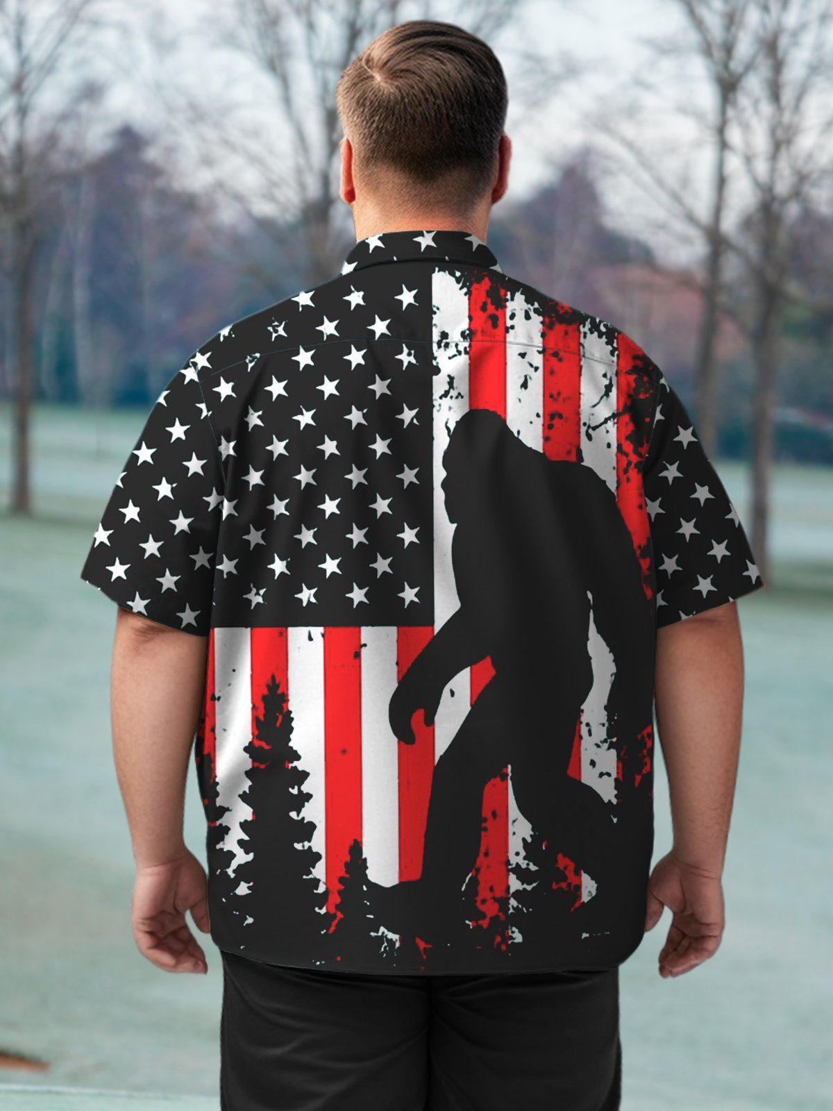 Big & Tall Casual Holiday Flag Bigfoot Silhouette Prints Hawaiian Shirt
