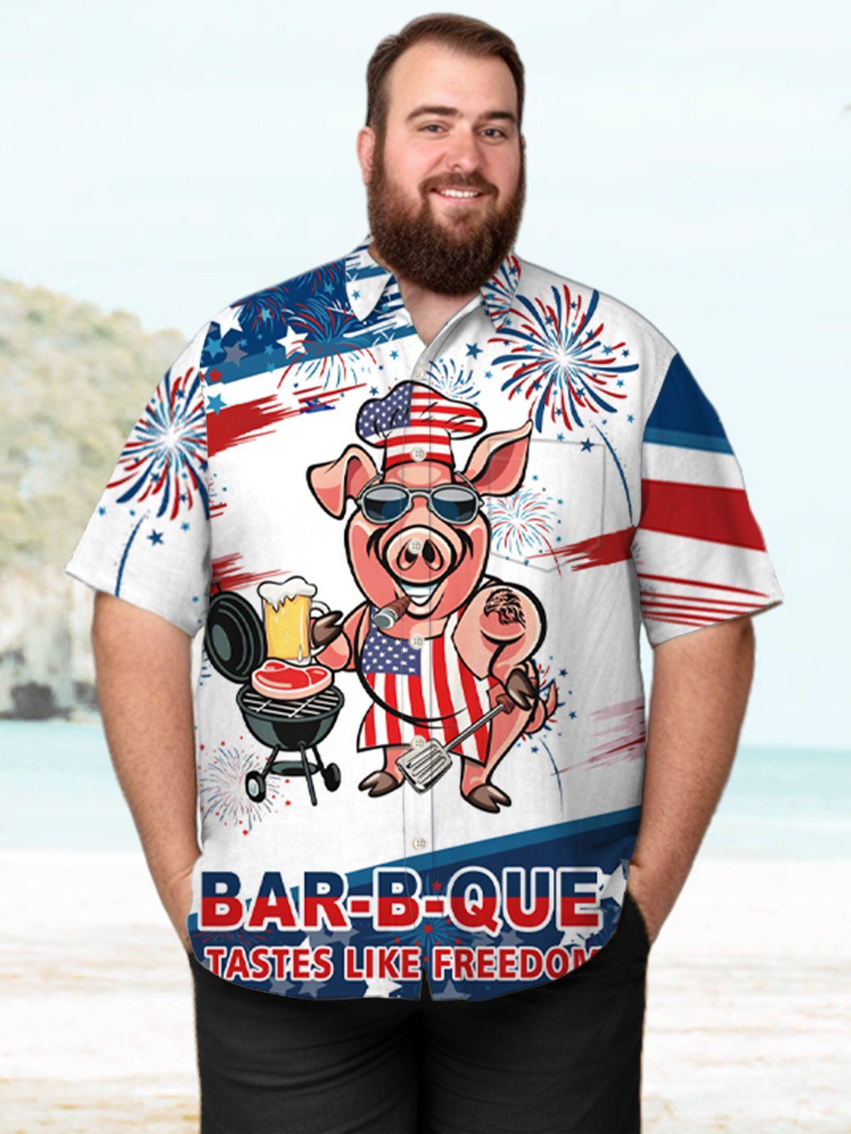 Big & Tall Casual P-Chef American Flag BBQ Printed Hawaiian Shirt Big & Tall Casual P-Chef American Flag BBQ Printed Hawaiian Shirt