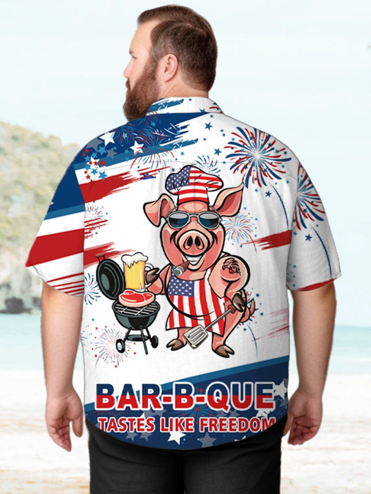 Big & Tall Casual P-Chef American Flag BBQ Printed Hawaiian Shirt