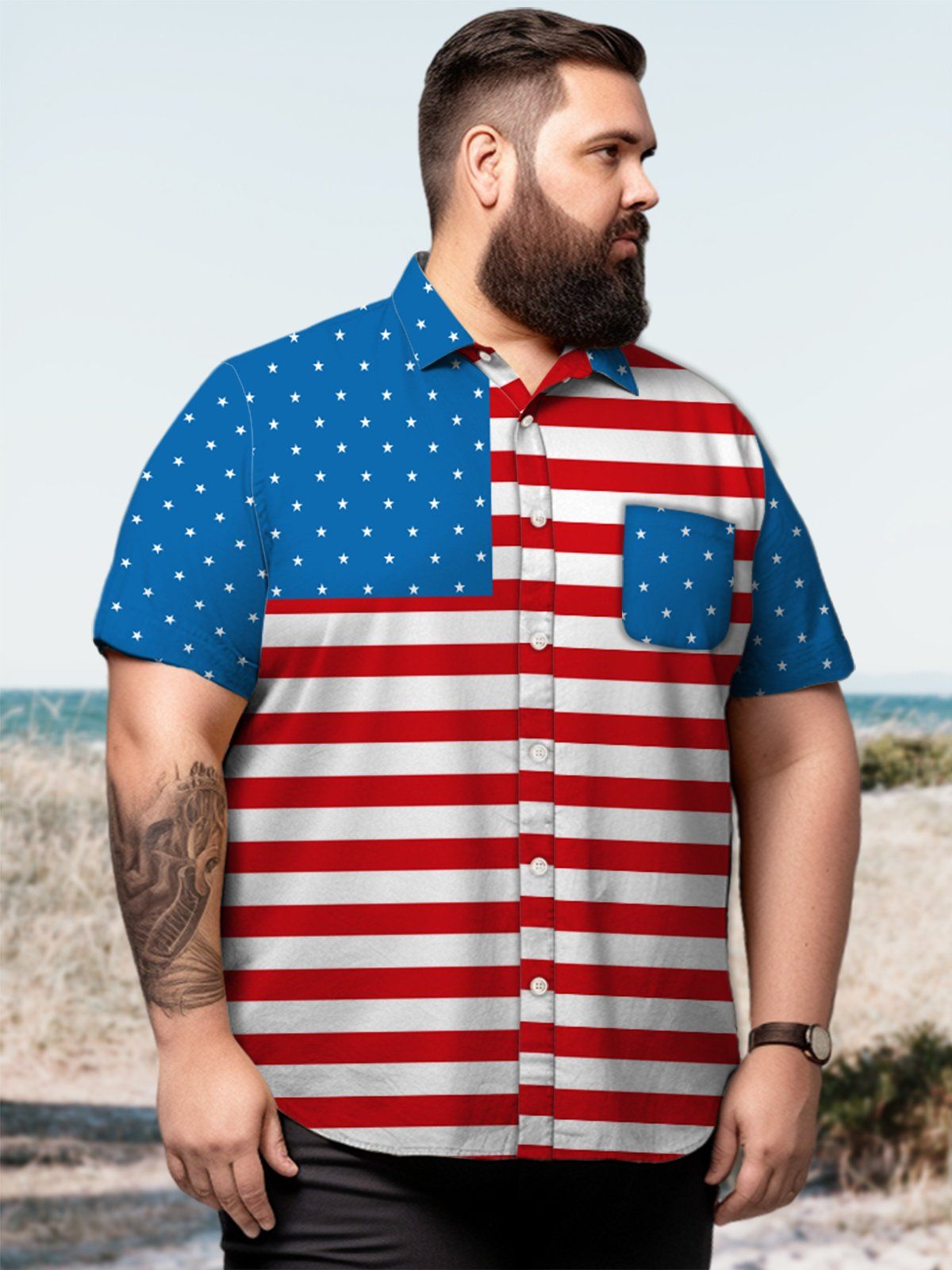 Big & Tall Casual Patriot American Flag Quick Drying Hawaiian Shirt Big & Tall Casual Patriot American Flag Quick Drying Hawaiian Shirt