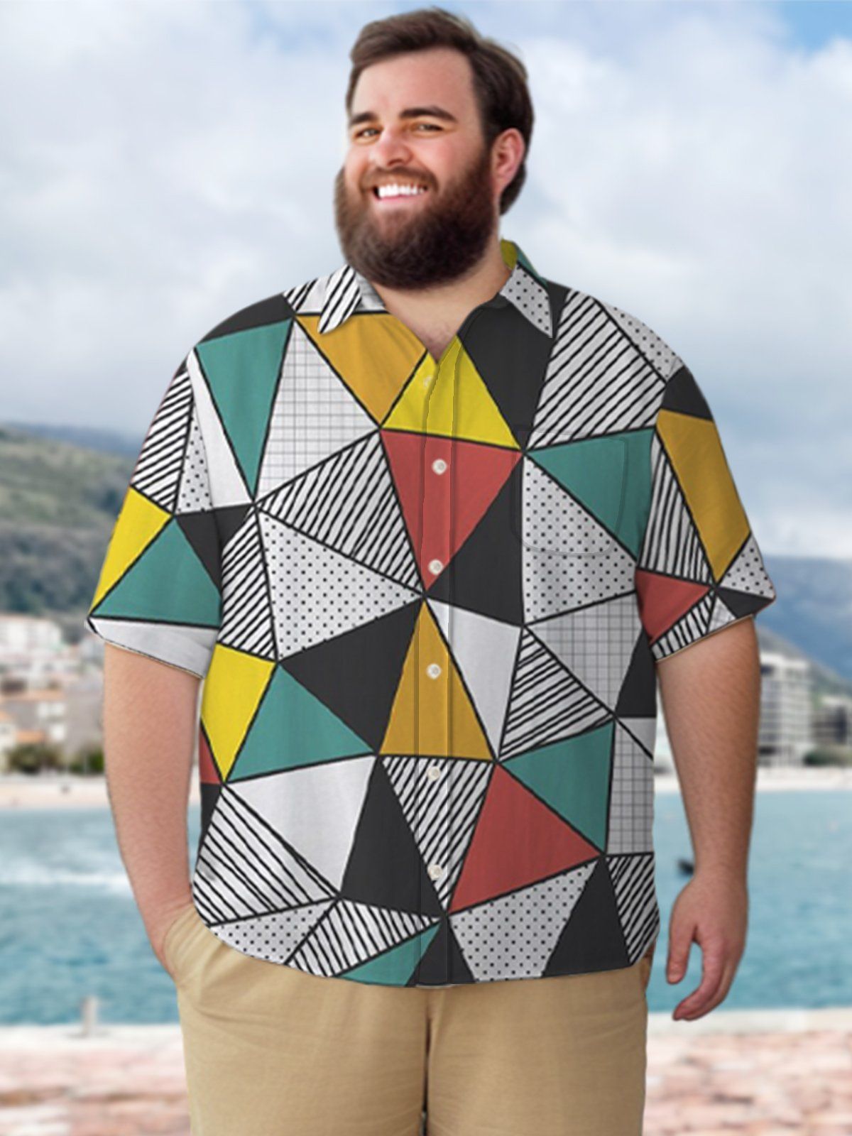 Big & Tall Geometric Color Block Hawaiian Shirt