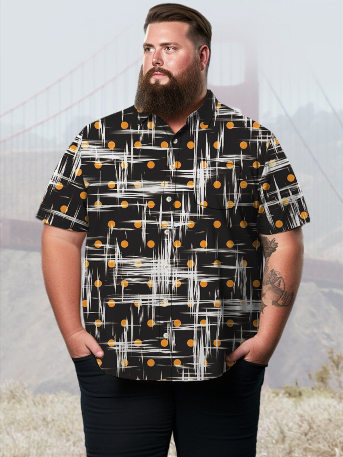 Big & Tall Geometric Contrast Color Lines Hawaiian Shirt