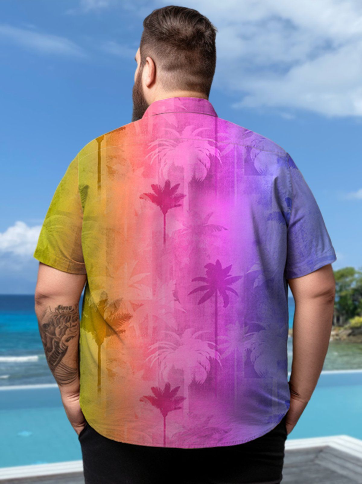 Big & Tall Hawaii Coconut Tree Silhouette Rainbow Flag Tie-Dye Free Seersucker Shirt