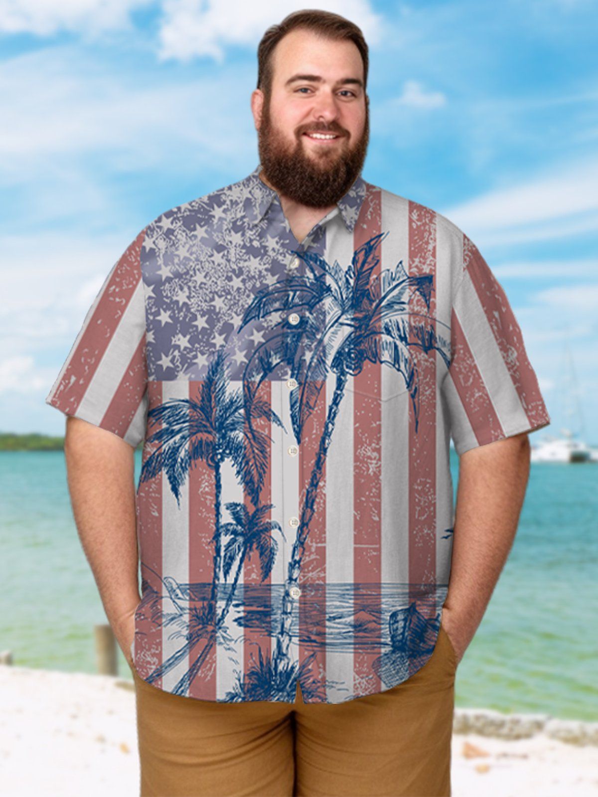Big & Tall Hawaii National Flag Coconut Tree Free Seersucker Shirt