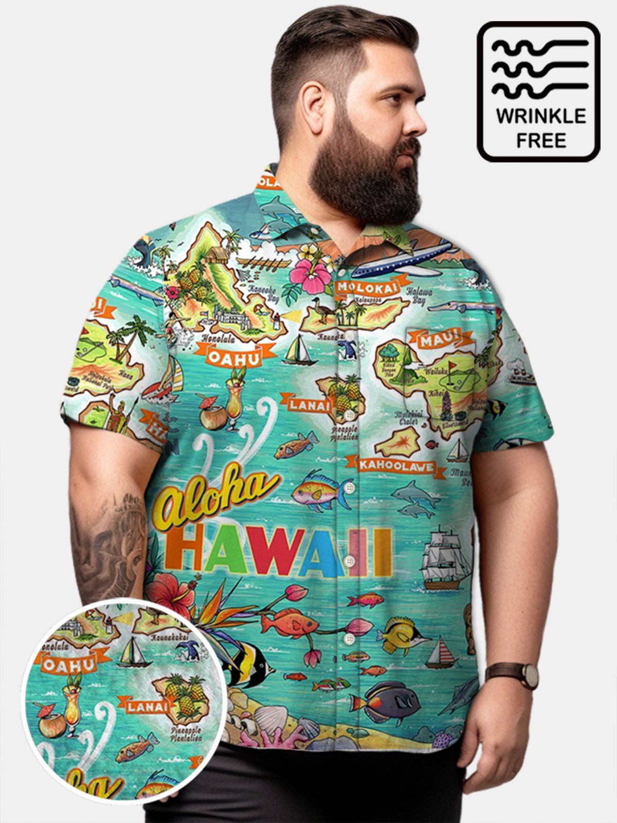 Big & Tall Hawaii Play Map Free Seersucker Shirt