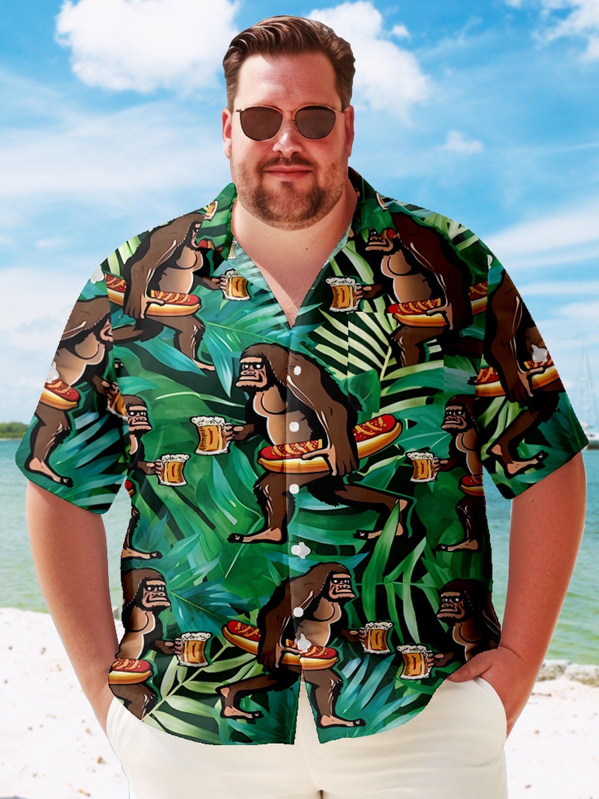 Big & Tall Hawaiian Bigfoot Beer Tropical Greenery Shirt Big & Tall Hawaiian Bigfoot Beer Tropical Greenery Shirt