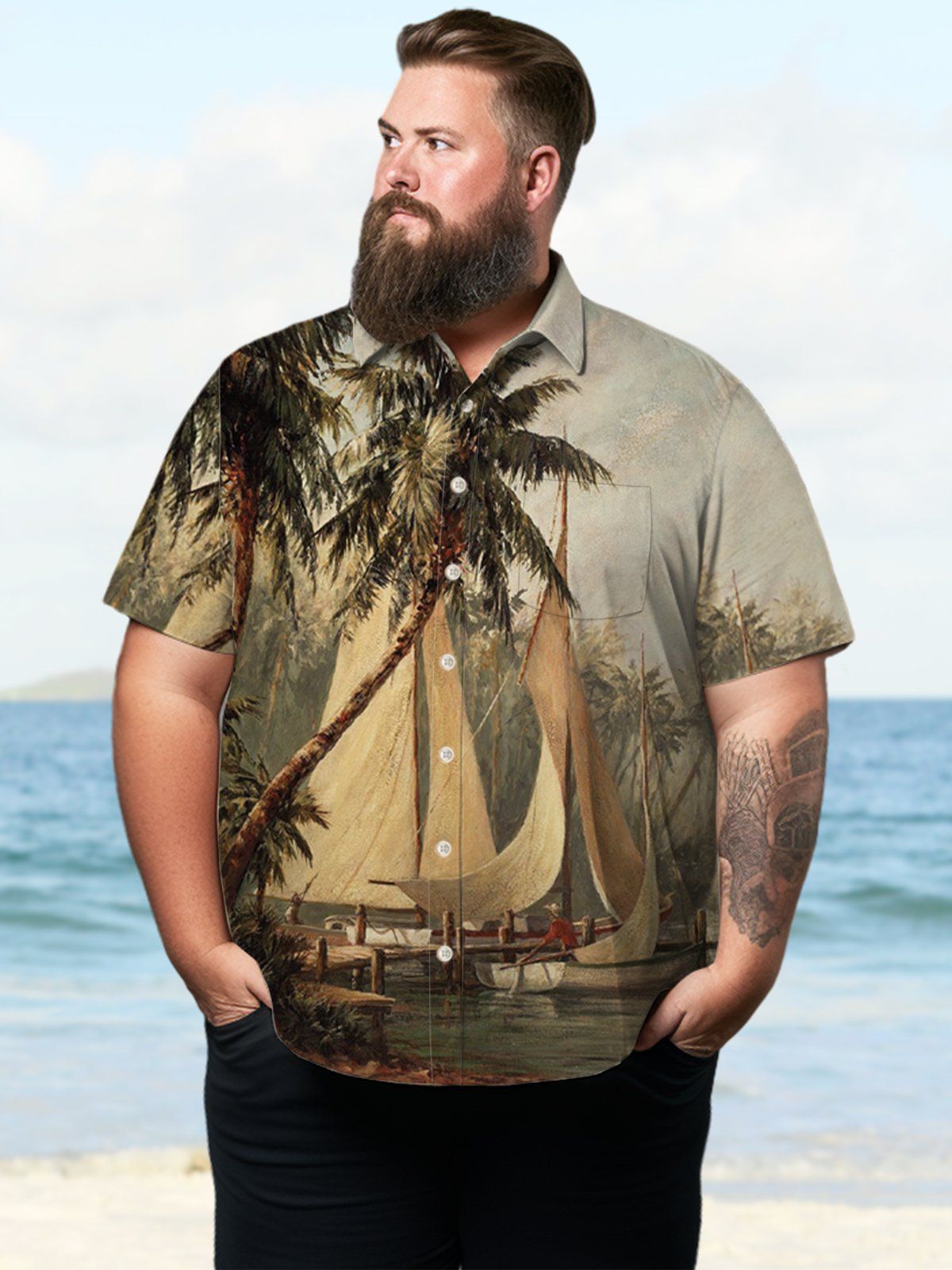 Big & Tall Hawaiian Coast Coconut Tree Sailboat Shirt Big & Tall Hawaiian Coast Coconut Tree Sailboat Shirt