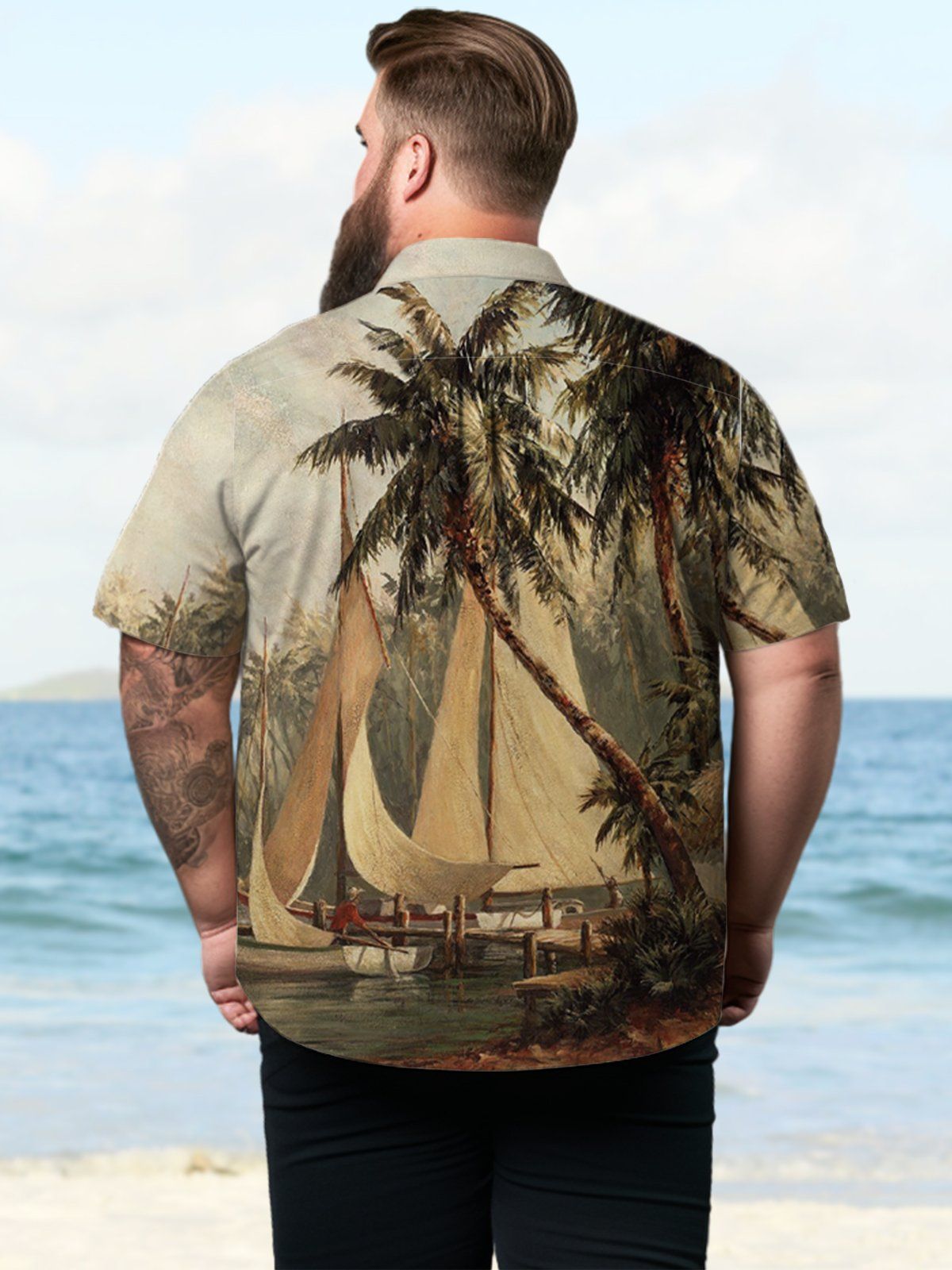 Big & Tall Hawaiian Coast Coconut Tree Sailboat Shirt
