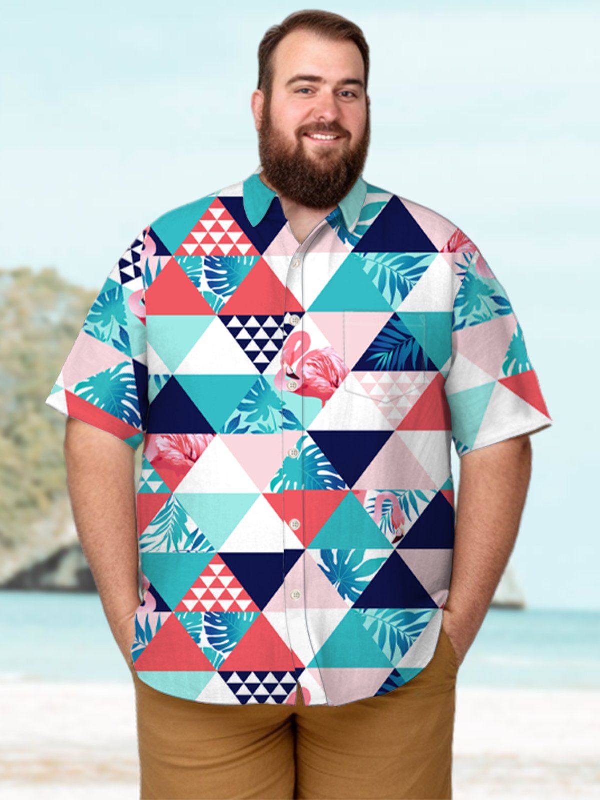 Big & Tall Hawaiian Geometric Green Flamingos Shirt Big & Tall Hawaiian Geometric Green Flamingos Shirt