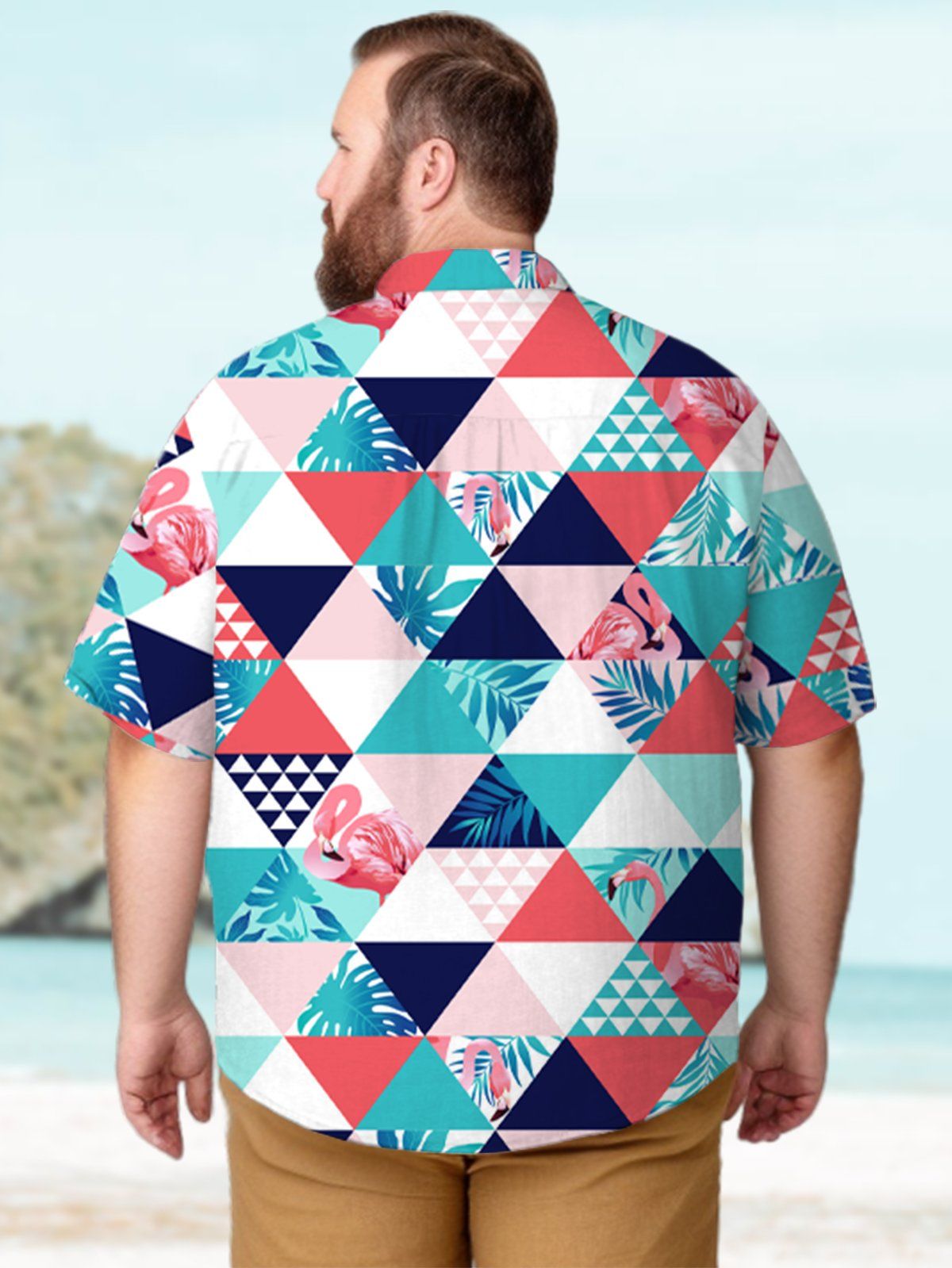 Big & Tall Hawaiian Geometric Green Flamingos Shirt