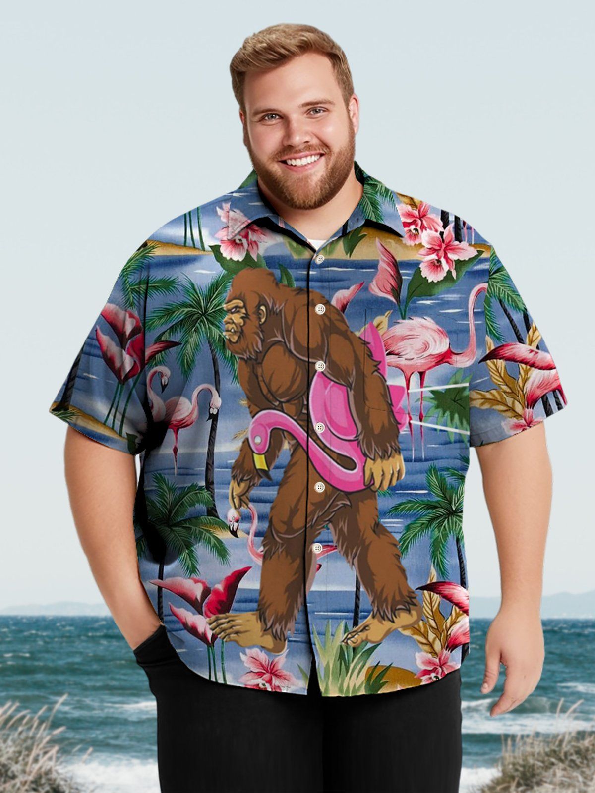 Big & Tall Hawaiian Island Coconut Tree Flamingo Sasquatch Prints Shirt Big & Tall Hawaiian Island Coconut Tree Flamingo Sasquatch Prints Shirt