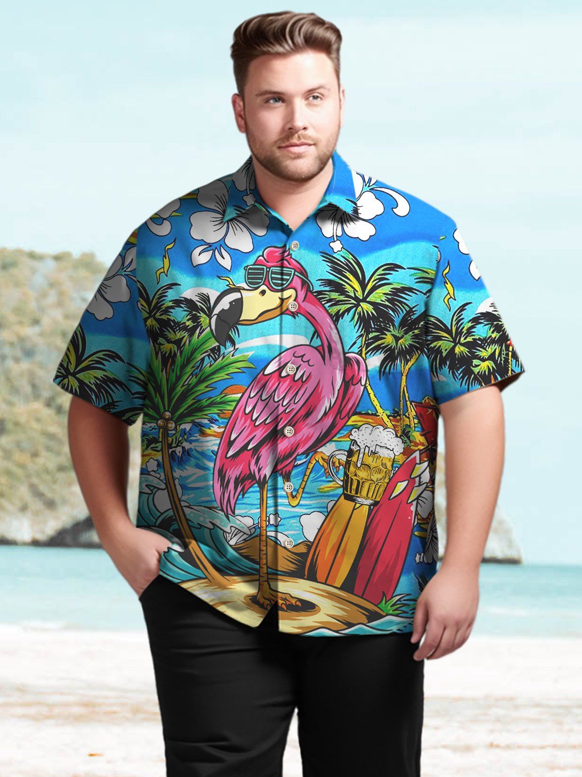 Big & Tall Hawaiian Island Flamingo Surfboard Prints Shirt Big & Tall Hawaiian Island Flamingo Surfboard Prints Shirt
