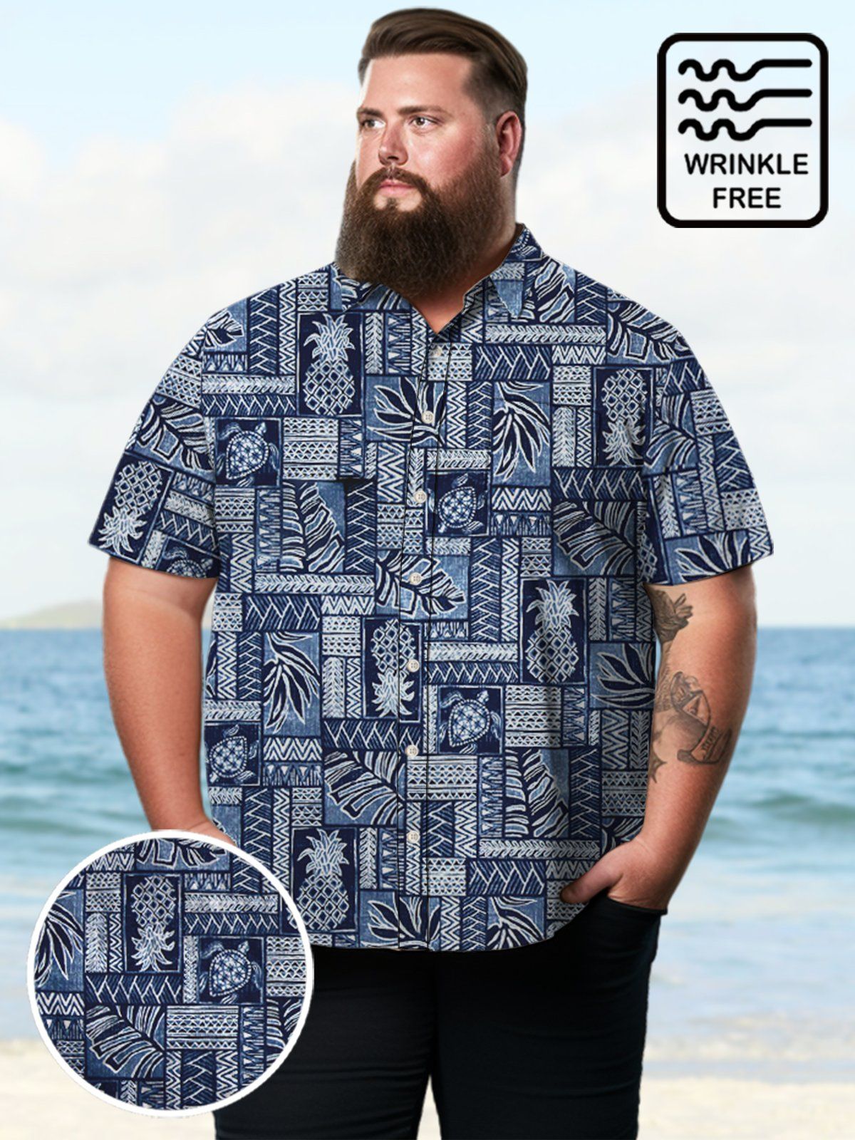 Big & Tall Hawaiian Turtle Plant Totem Free Seersucker Shirts Big & Tall Hawaiian Turtle Plant Totem Free Seersucker Shirts